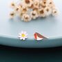 Mismatched Enamel Daisy And Robin Bird Stud Earrings In Sterling Silver, thumbnail 5 of 10