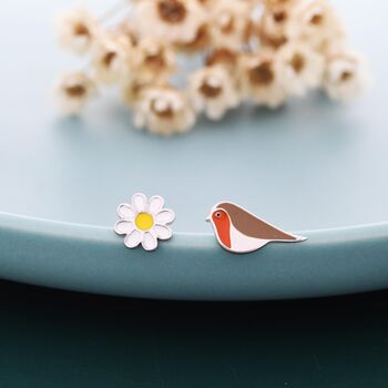 Mismatched Enamel Daisy And Robin Bird Stud Earrings In Sterling Silver, 5 of 10
