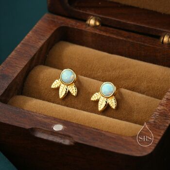 Sterling Silver Green Opal And Leaf Motif Stud Earrings, 2 of 10
