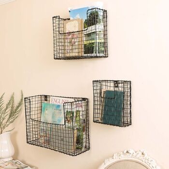 Set Of Three Wall Mounted Black Wire Storage Baskets, 6 of 6