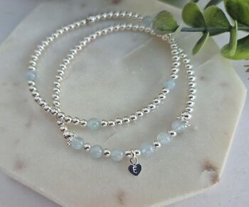 Sterling Silver March Aquamarine Personalised Heart Bracelet Set Of Two Stacking Bracelets: March Birthstone Stacking Jewellery, 6 of 6
