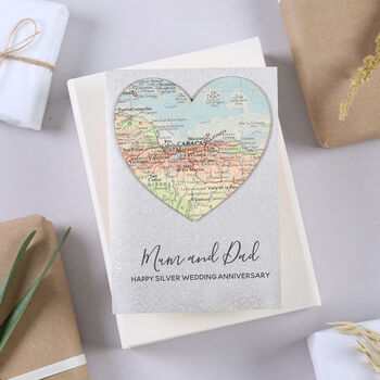 Personalised Map Heart Silver Wedding Anniversary Card, 3 of 8