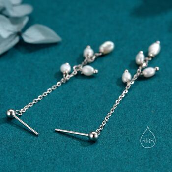 Sterling Silver Tiny Oval Pearl Long Dangle Earrings, 3 of 12