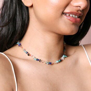 Multicoloured Semi Precious Stone Chip Necklace In Gold, 3 of 4