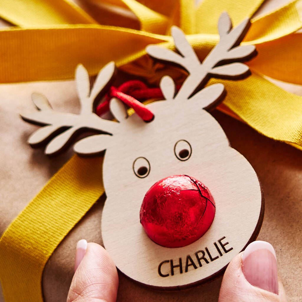 Personalised Reindeer Tag And Bag Of Chocolate Noses