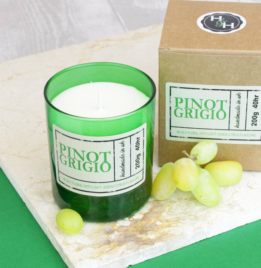 pinot grigio white wine scented candle in green glass by hearth