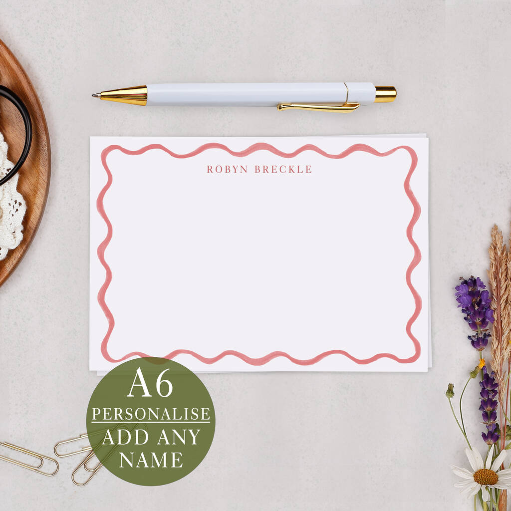 Personalised Pink Wavy Note Cards Set A6 Notecard Set, 1 of 5