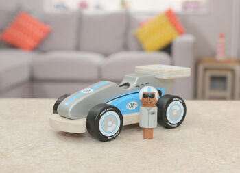 Quality Wooden Retro Silver Racing Car With Driver, 2 of 5