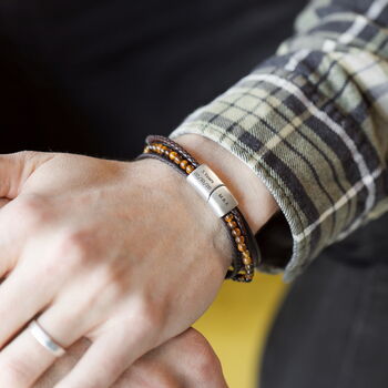 Men's Personalised Brown Leather Stainless Steel Tigers Eye Bracelet, 2 of 6