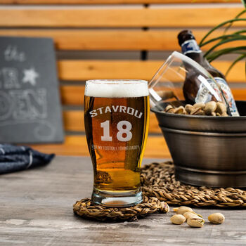 Personalised Father's Day Football T Shirt Name Engraved Pint Glass, 2 of 2
