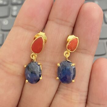 Raw Blue Sapphire, Coral Silver Earrings, 5 of 7