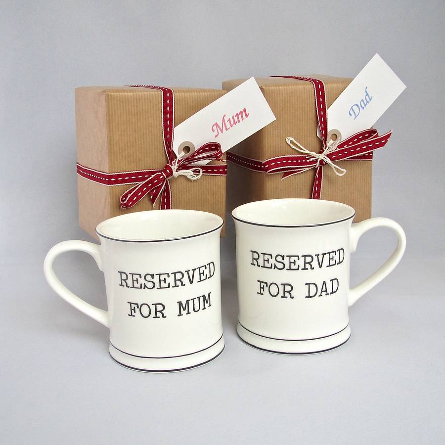 set of mum and dad mugs boxed and gift wrapped by chapel cards