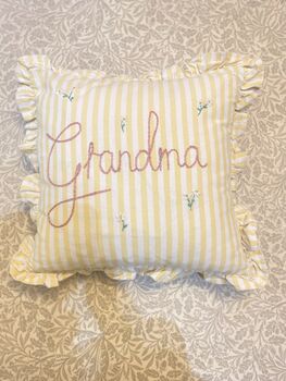 Hand Embroidered Personalised Cushion Lemon Stripe Ruffle Trim, 6 of 7