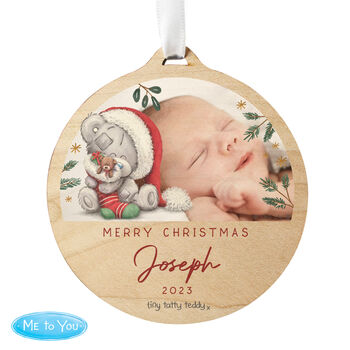 Personalised Tiny Tatty Teddy First Christmas Photo Wooden Christmas Tree Decoration, 4 of 4