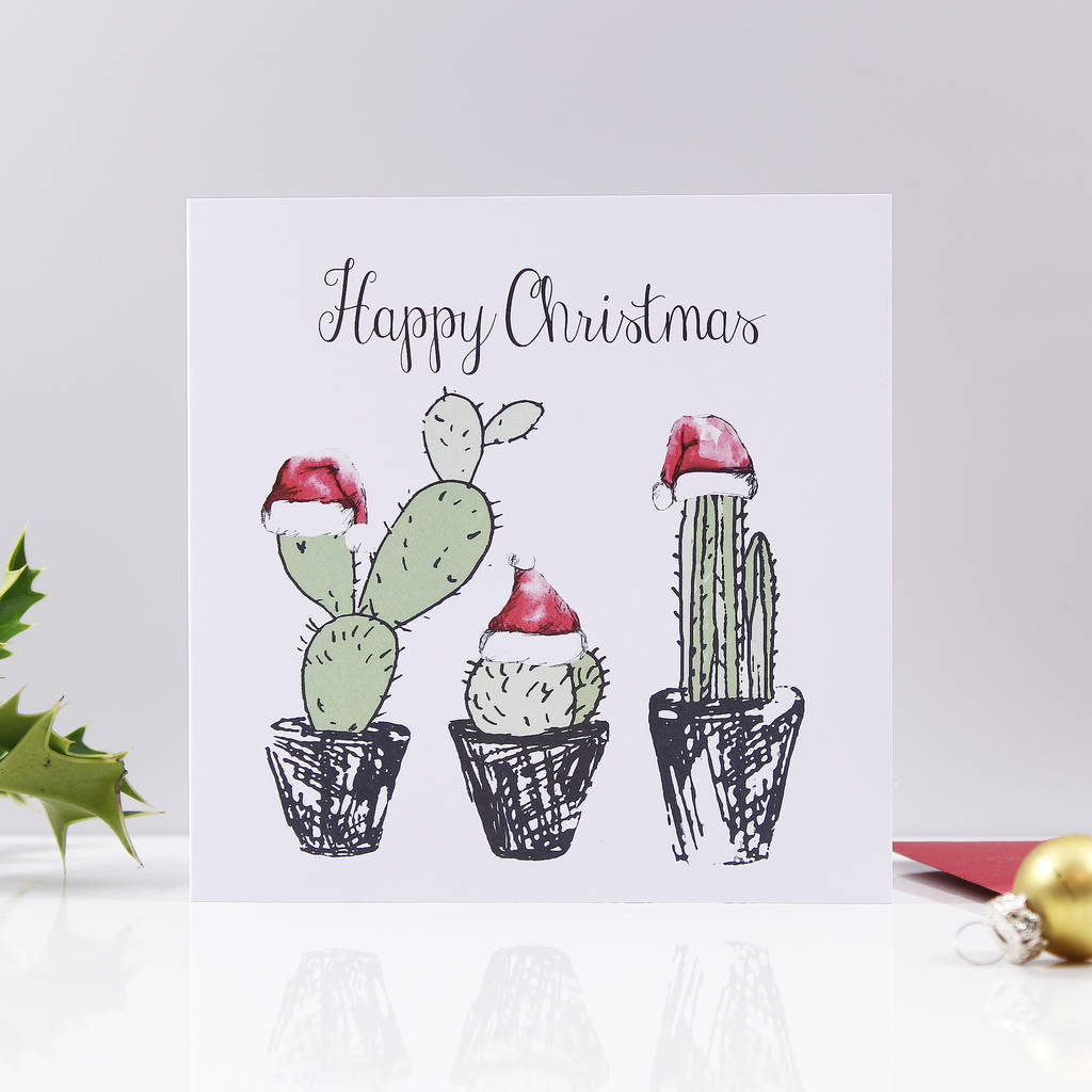 Happy Christmas Santa Hat Cacti Card ·