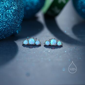 Sterling Silver Tiny Opal Trio Stud Earrings, 6 of 12