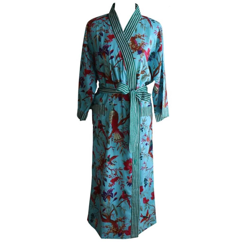 Ladies Turquoise Birds Of Paradise Cotton Dressing Gown By Bluebelle ...