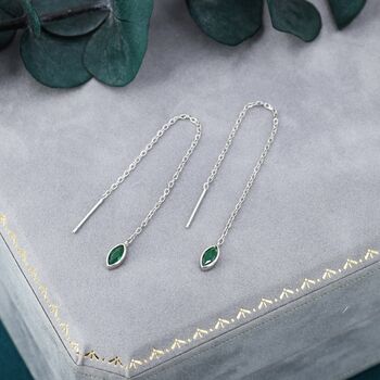 Sterling Silver Tiny Emerald Green Marquise Cz Threader Earrings, 5 of 9