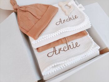 Personalised New Baby Gift Set, Handmade Newborn Blanket And Comforter With Wooden Teether, 6 of 6