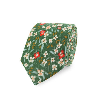 Wedding 100% Cotton Flower Print Tie Green, 4 of 7