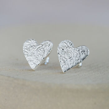 Sterling Silver Textured Heart Studs, 2 of 8