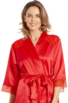 British Made Red Short Satin Dressing Gown Lace Detail, 4 of 5