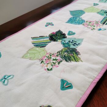 Table Runner With Green And Pink Floral Applique Leaves, 5 of 6