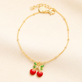 Enamel Cherry Bow Charm Bracelet In Gold Plating, 2 of 6