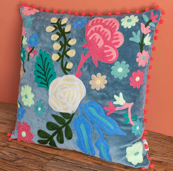 Smoke Blue Floral Embroidered Cotton Velvet Cushion, 3 of 7
