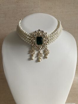 Emerald Green Gold Plated Kundan And Pearl Choker Set, 3 of 10