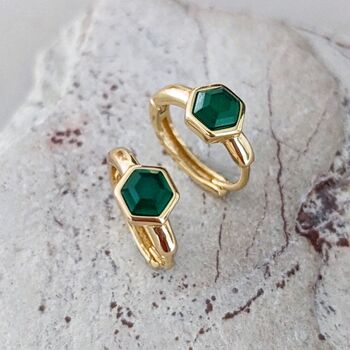Green Onyx Tiny Hexagon Hoop Earrings 18ct Gold Plated, 6 of 8