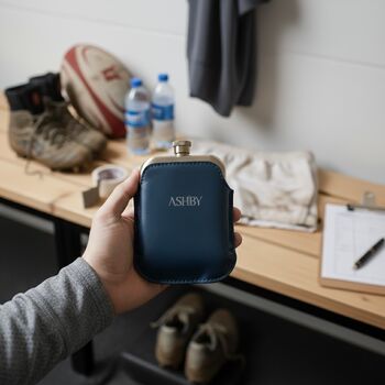 Engraved Silver Hip Flask With Vintage Leather Sleeve, 2 of 4