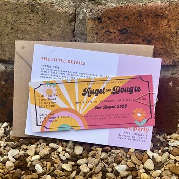Fun Colourful Retro Ticket Wedding Invitation, 2 of 7
