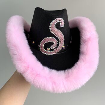 Personalised Black Cowboy Hat With Faux Fur Trim, 7 of 7