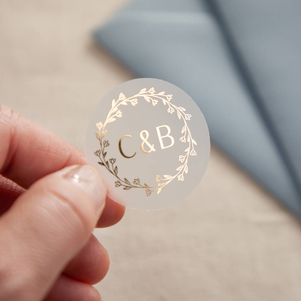 Initials And Wreath Foiled Wedding Stickers, 1 of 3