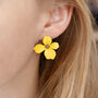 Yellow Hand Painted Flower Shaped Stud Earrings, thumbnail 2 of 3