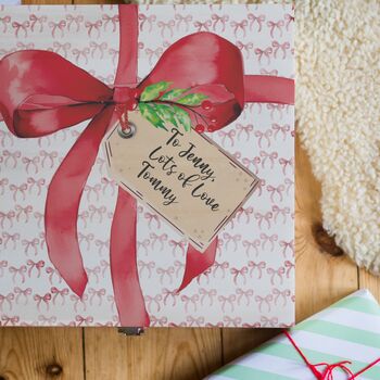 Personalised Wooden Christmas Eve Gift Box With Red Bow And Personalised Tag, 5 of 5