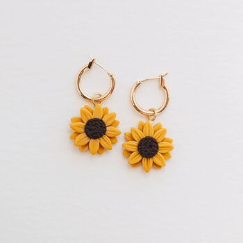 Sunflower Charm Gold Hoop Earrings, 2 of 5