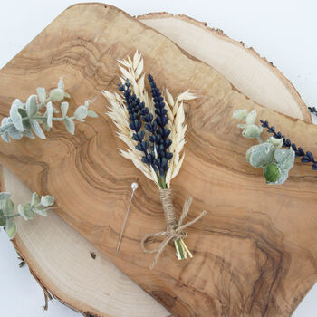 Dried Flower Cream And Navy Lavender Buttonhole, 6 of 8