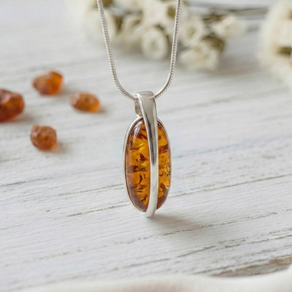 Handmade Cognac Baltic Amber Oval Necklace Pendant, Sterling Silver, 1 of 3