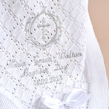 Personalised White Cotton Knitted Christening Shawl, 7 of 7