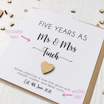 Personalised 5th Wedding Anniversary Card With Wood Heart, 3 of 8