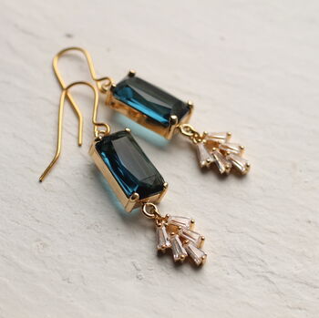 Art Deco Crystal Navy Blue Sapphire Baguette Earrings, 2 of 9