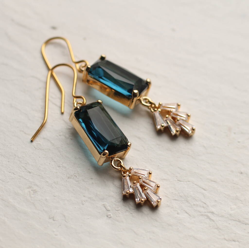 Art Deco Crystal Navy Blue Sapphire Baguette Earrings, 1 of 7