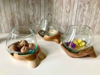 19cm Double Hand Hope Molten Glass Bowl On Teak Root, 9 of 9