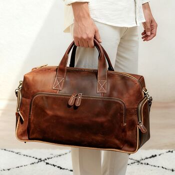 Genuine Leather Weekend Bag With Leather Straps Detail, 10 of 12