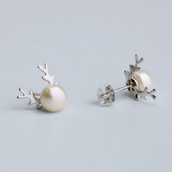 Sterling Silver Pearl Reindeer Stud Earrings, 5 of 6