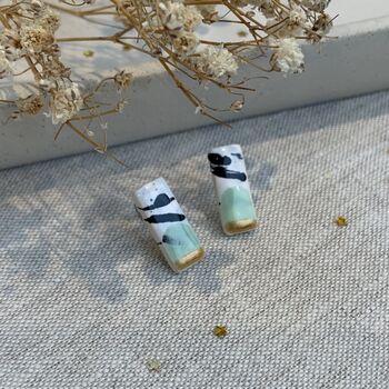 Mint Green And Gold Ceramic Bar Stud Earrings Abstract Splatter Minimalist Studs, 3 of 10