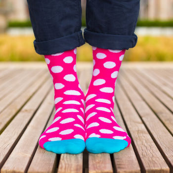 colourful pink, blue and white patterned socks by bryt ...