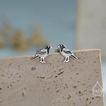 Sterling Silver Magpie Bird Stud Earrings With Enamel, 4 of 11